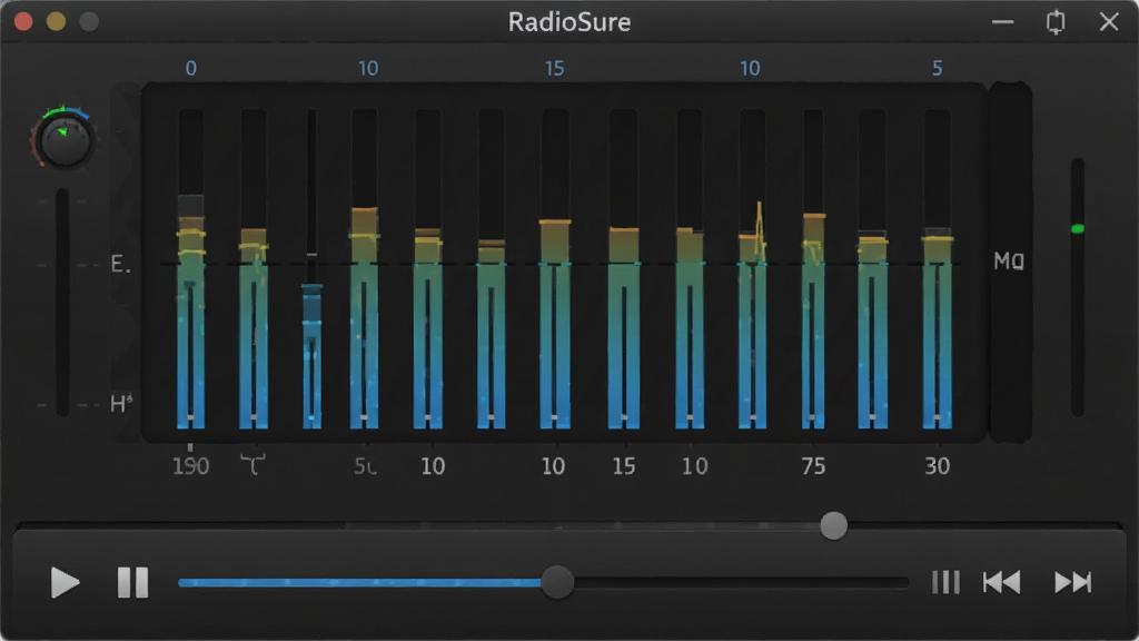 RadioSure软件播放界面,显示均衡器动画和播放进度条,背景为深灰色,界面细节丰富,风格科技感,画质干净,无多余元素