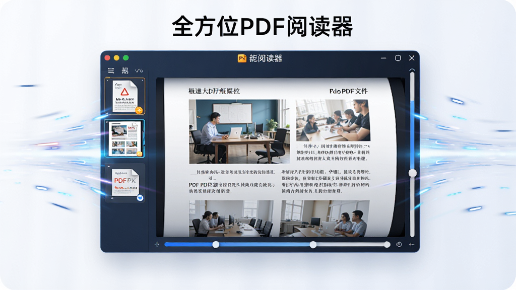 展示“全方位PDF阅读器”极速打开超大PDF文件的场景,画面中软件界面正在流畅滚动显示一份图文并茂的文档,周围有速度线条和光效,暗示加载迅速。主体为软件窗口,布局居中,排版规整,风格科技感,细节包括文件缩略图和滚动条,画质清晰明亮,背景干净。