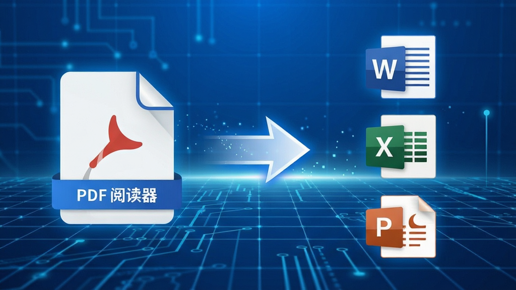 展示“全方位PDF阅读器”格式转换功能,画面左侧为PDF文件图标,右侧为Word、Excel、PPT等格式图标,中间有箭头连接,背景为科技感网格,整体布局平衡,色调蓝白,细节包括文件名称标签,画质锐利,无多余元素。