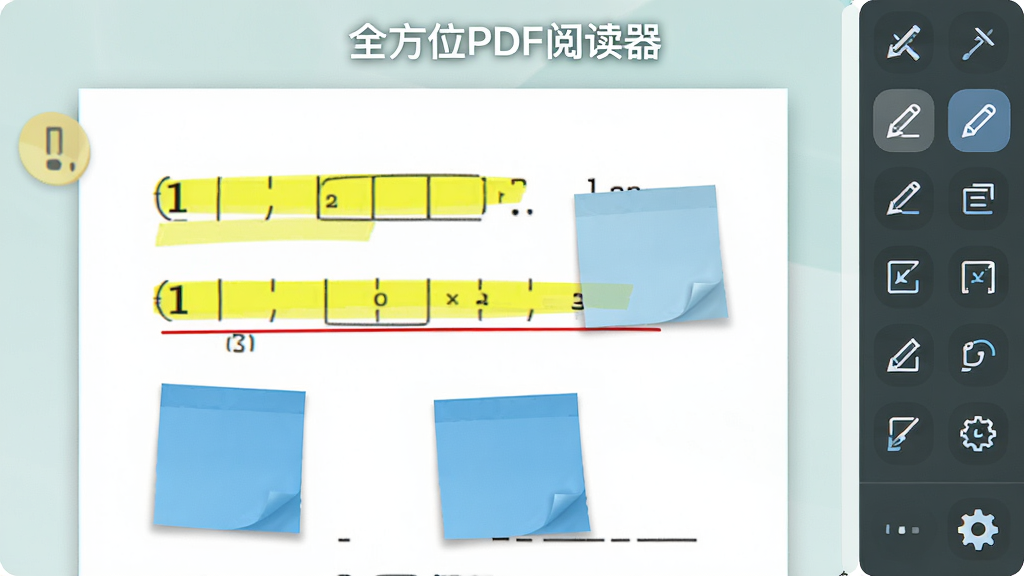 展示“全方位PDF阅读器”的批注功能,画面中一份PDF文档页面上有黄色高亮、红色下划线和蓝色便签,右侧工具栏显示各种批注图标,整体风格清爽,布局清晰,色彩活泼,细节丰富,画质高清干净。
