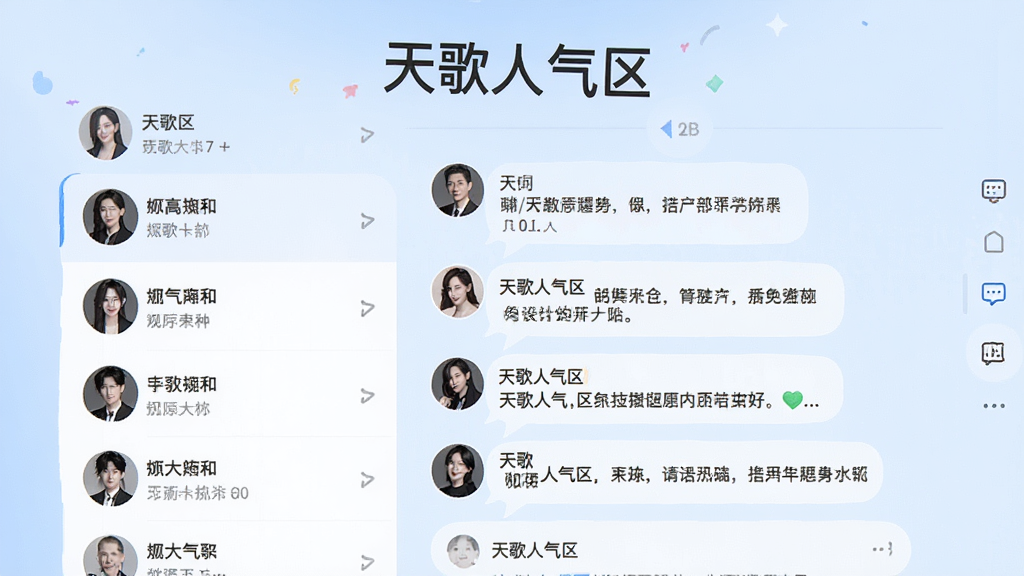 图片主体为天歌人气区社区话题讨论界面截图,展示话题列表与评论区域,风格为现代社交应用样式,背景为淡蓝色,头像与昵称清晰可见,评论气泡错落有致,整体氛围轻松活泼,画质高清,干净无多余元素,图片中显示“天歌人气区”字样。