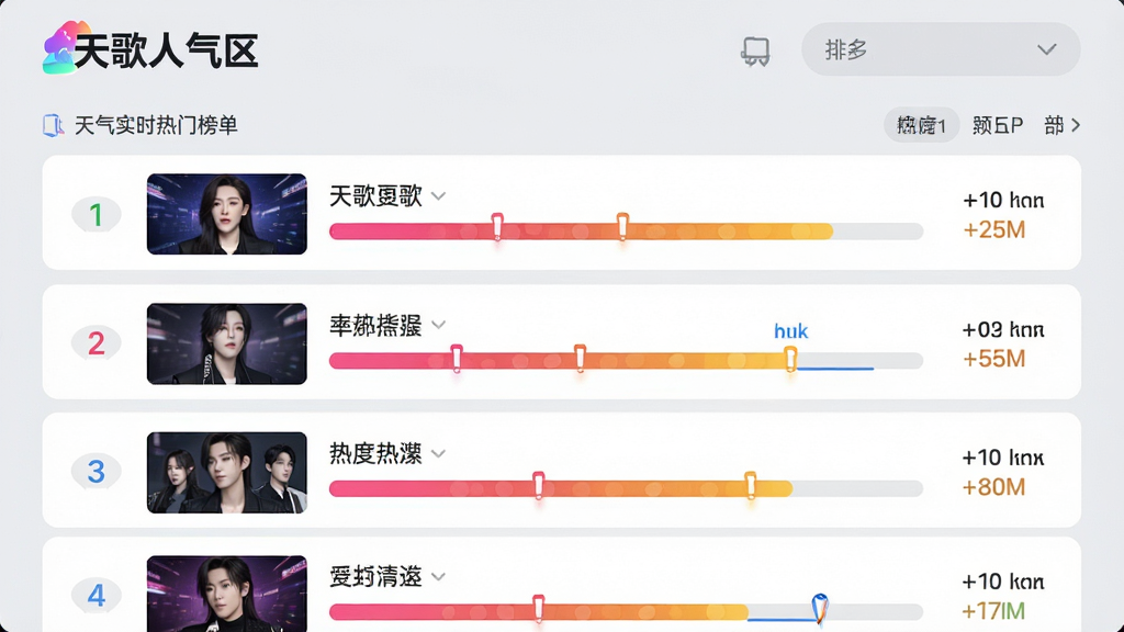 图片主体为天歌人气区实时热门榜单界面截图,展示排名列表与热度指数,设计风格为现代卡片式布局,背景为浅灰色,榜单条目配有缩略图与热度条,色彩鲜明,排版清晰,细节丰富,画质高清,干净无多余元素,图片中标注“天歌人气区”字样。