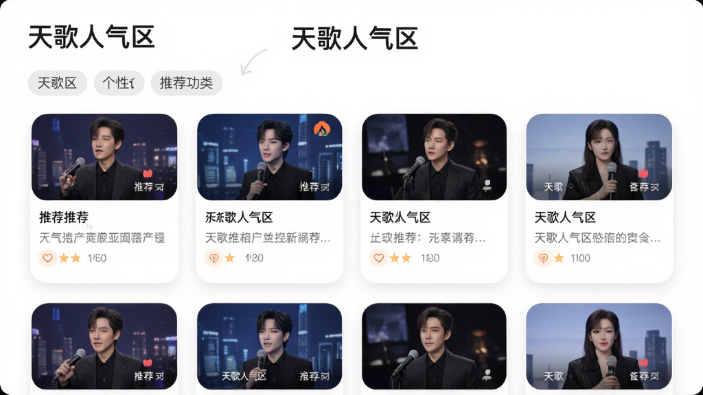 图片主体为天歌人气区个性化推荐功能示意图,展示多行推荐卡片与标签分类,设计风格为简约扁平化,背景为白色,卡片采用柔和圆角,包含图片与文字简介,布局整齐,画质高清,细节丰富,干净无多余元素,图片中标注“天歌人气区”字样。