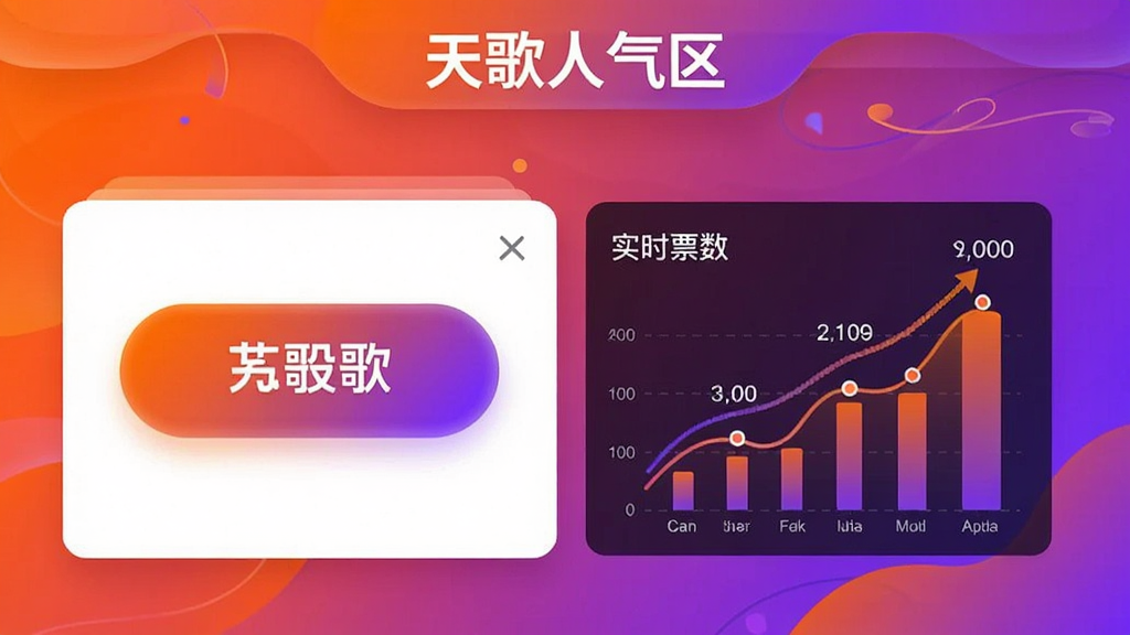 图片主体为天歌人气区互动投票打榜功能演示图,展示投票按钮与实时票数增长动画,界面采用活力橙色与紫色渐变背景,卡片圆润,按钮醒目,数据可视化图表清晰,整体风格动感时尚,画质高清,干净无多余元素,图片中显示“天歌人气区”字样。