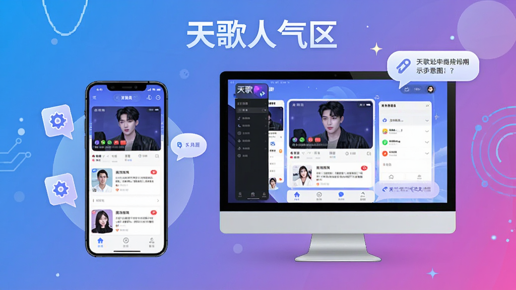 图片主体为天歌人气区使用指南示意图,展示手机与电脑同时操作该软件的同步画面,风格为科技感插画,背景为渐变色,手机与电脑屏幕中均显示应用界面,周围有设置图标与提示气泡,整体清晰直观,画质高清,干净无多余元素,图片中标注“天歌人气区”字样。
