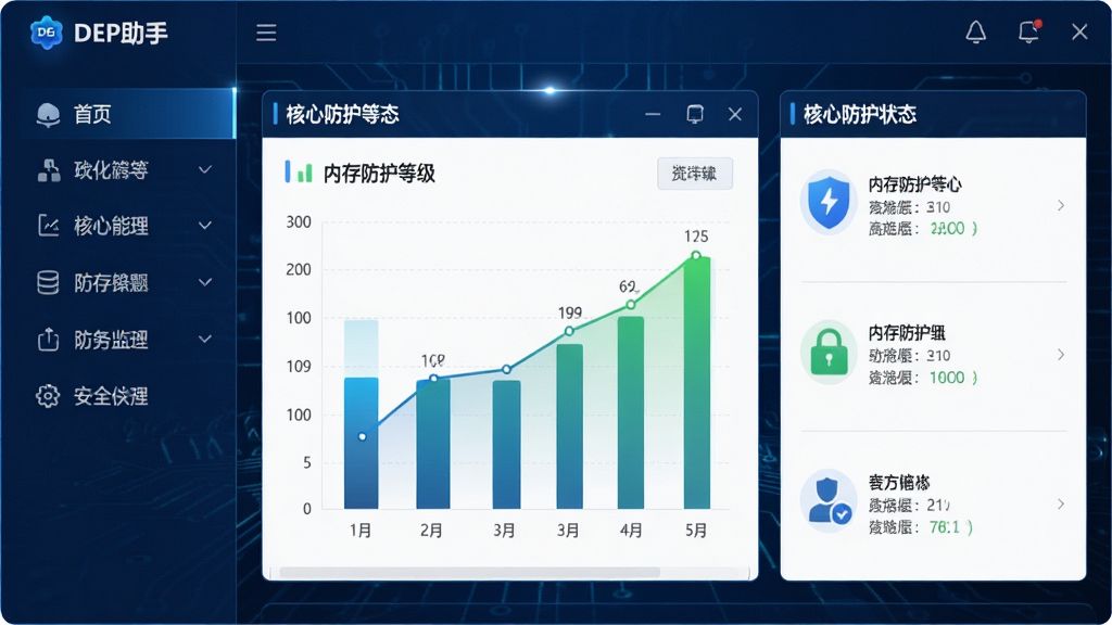 一张现代化的软件功能展示界面截图,主体为DEP助手主窗口,深蓝色科技感背景,布局清晰展示左侧功能导航栏与右侧核心防护状态面板,窗口中央以图表形式呈现内存防护等级,整体排版规整,风格简洁专业,细节处高光点缀,画质清晰干净,无多余元素