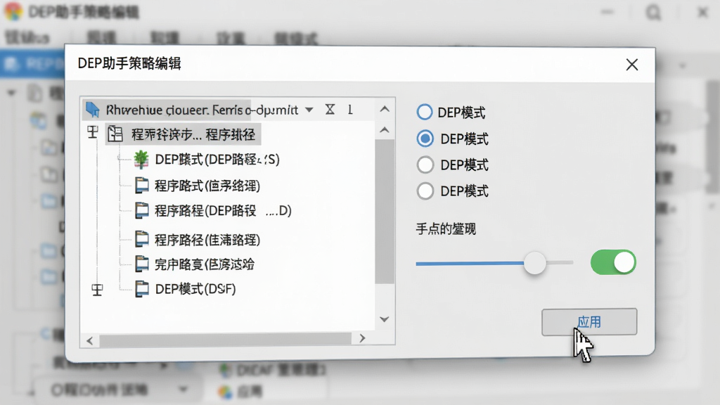 展示DEP助手策略编辑界面的特写,主体为规则配置对话框,左侧是程序路径选择树,右侧是DEP模式单选按钮与滑动开关,背景虚化处理突出前景,界面采用浅灰色调,排版有序,风格清爽,细节包含鼠标指针悬停在“应用”按钮上,画质细腻干净,无多余元素