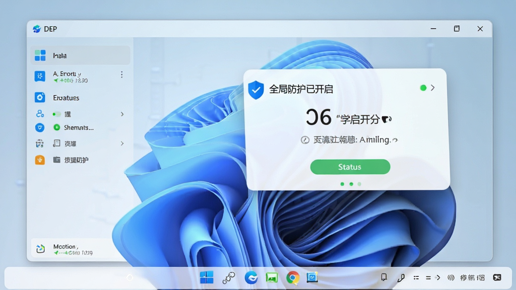 一张显示DEP助手软件主界面功能布局的宽幅截图,主体为Windows 11风格窗口,左侧侧边栏图标排列整齐,右侧显示“全局防护已开启”的状态卡片,背景为浅色渐变,排版清晰,风格现代化,细节包括状态指示灯为绿色,画质干净无多余元素