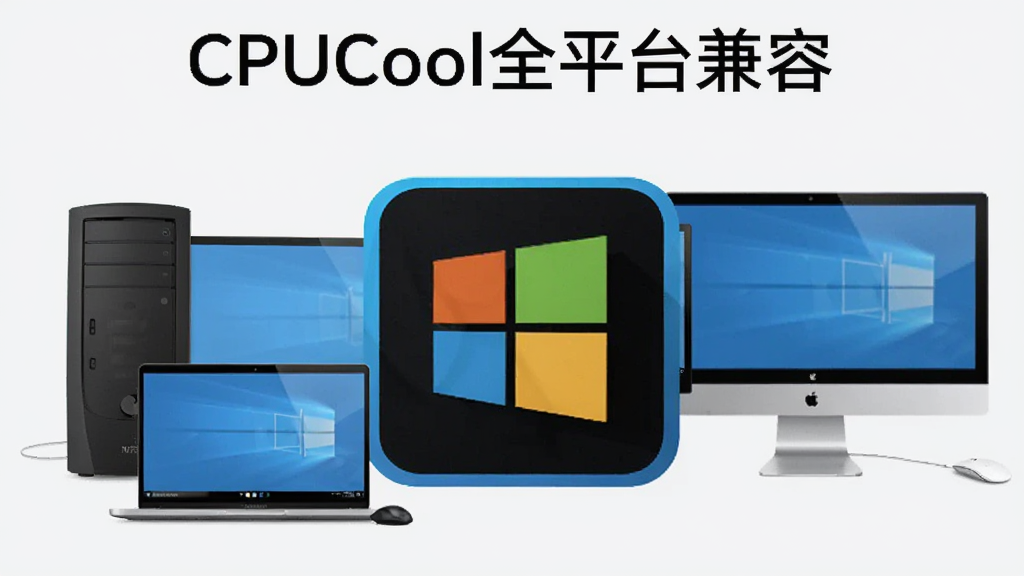 多种电脑设备(台式机、笔记本、一体机)围绕CPUCool软件图标,图标显示兼容Windows Logo。整体构图居中,背景浅灰,画质干净,文字标注