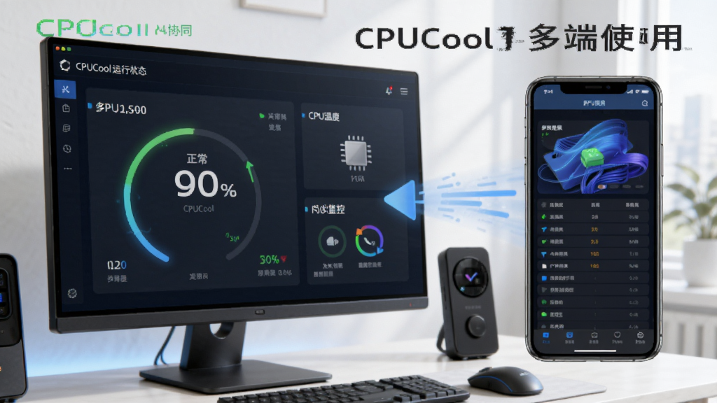 电脑屏幕显示CPUCool运行状态,CPU温度正常,界面清晰,旁边有手机端同步监控的示意图。整体画面明亮,突出多设备协同,文字标注