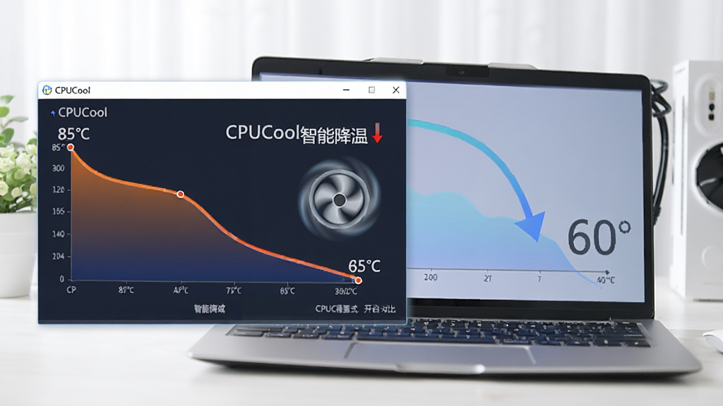 笔记本电脑旁边,CPUCool软件窗口显示智能降温模式开启状态,CPU温度从85度逐步下降至60度的动态曲线图,风扇图标转动。整体画面明亮,突出降温效果对比,文字标注
