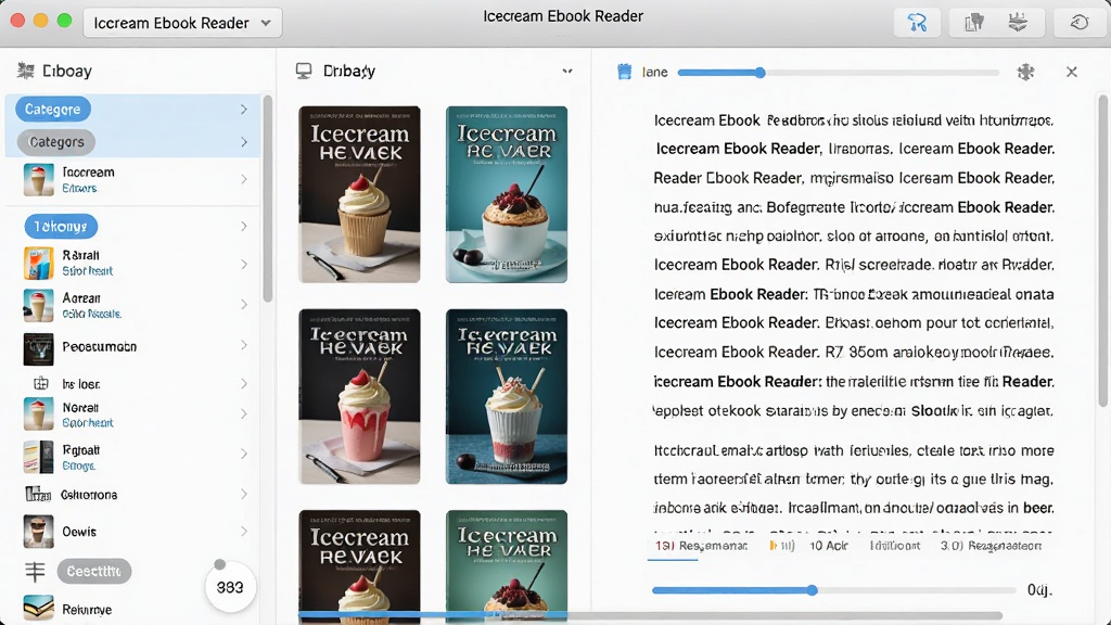 主体为Icecream Ebook Reader软件主界面展示,布局为左侧书库列表、中间书籍封面缩略图、右侧阅读区,排版清晰有序,风格扁平化现代设计,细节包含书架分类标签、阅读进度条,画质高清干净无多余元素