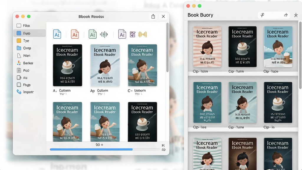 主体为Icecream Ebook Reader导入书籍操作界面,布局为文件选择窗口与书库书架,排版展示多本书籍封面网格,风格清爽明亮,细节含格式类型图标与导入进度条,画质细腻干净无多余元素