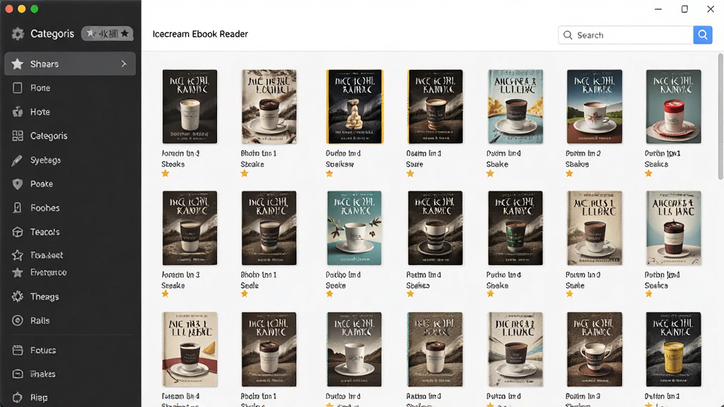 主体为Icecream Ebook Reader书库管理界面,布局为多排书架与分类侧边栏,排版展示书籍封面与名称,风格简约商务,细节含收藏夹标签与搜索框,画质高清干净无多余元素