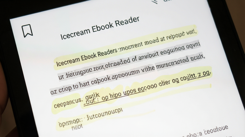 主体为Icecream Ebook Reader阅读界面,布局为单页显示与文字排版,风格柔和护眼,细节含书签图标与高亮标注,画质干净无多余元素