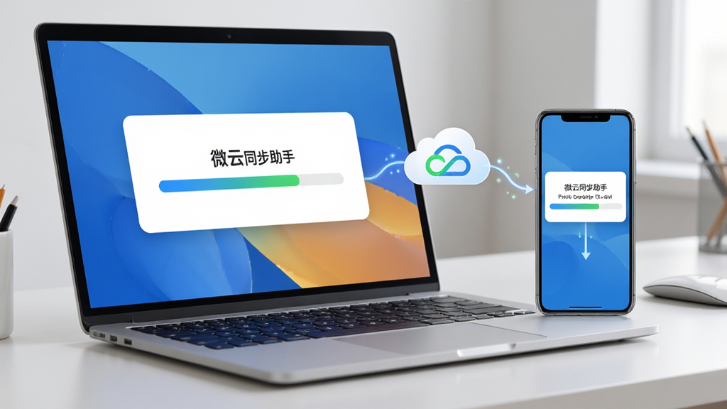 一台笔记本电脑与一部手机并排摆放,屏幕上同时显示微云同步助手的同步进度条,数据从电脑飞向云端再流向手机,背景为干净的工作台面,风格写实,光线柔和,画质细腻,无多余元素