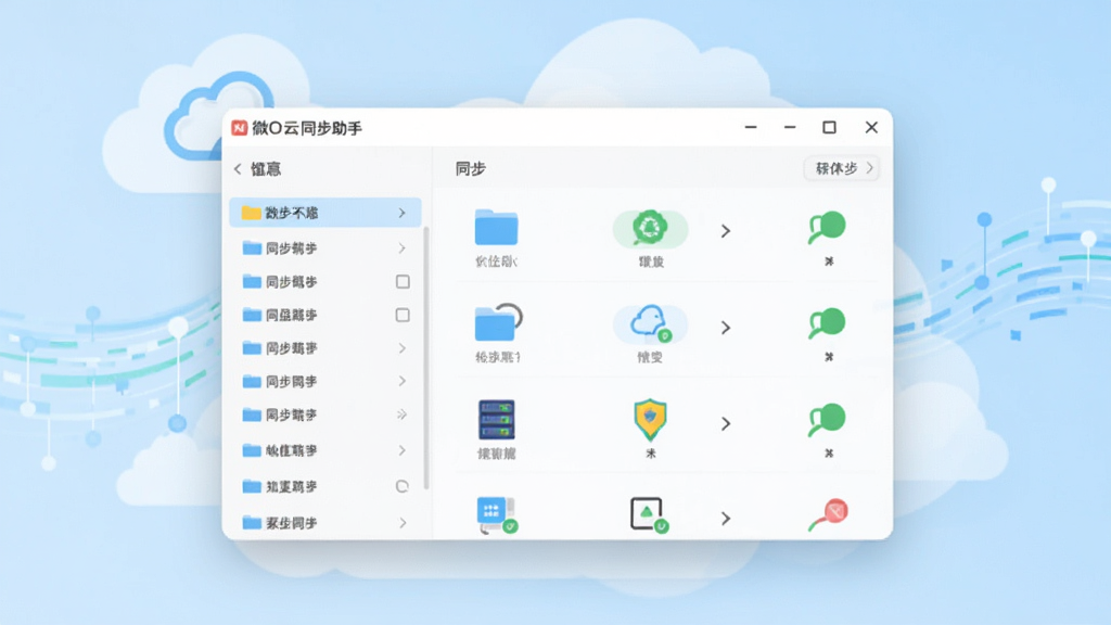 画面中央展示微云同步助手主界面,左侧为文件夹列表,右侧显示同步状态图标,背景是淡蓝色云朵与数据流动线条,整体风格简洁明亮,扁平化设计,UI元素干净整齐,画质清晰,无多余元素