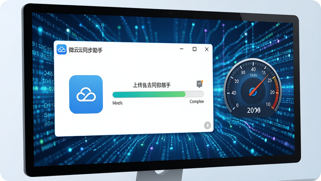 电脑屏幕上显示微云同步助手正在上传一个大型压缩包,进度条已接近完成,旁边有速度仪表盘图示,背景为动态数据流,风格科技感,色彩明亮,画质清晰,无多余元素