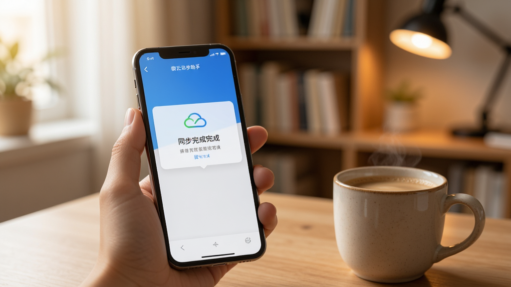 用户正在手机上操作微云同步助手,屏幕显示同步完成提示,旁边放着一杯咖啡,背景为温馨的书房,风格自然,光线柔和,画质高清,无多余元素