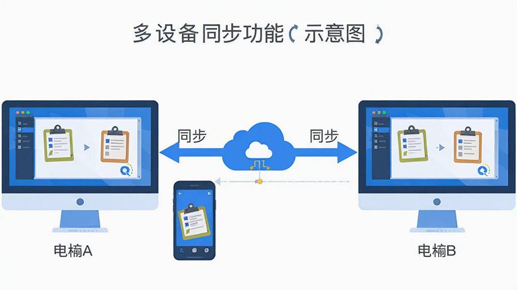 主体:Ditto软件的多设备同步功能示意图,展示两台电脑和手机之间的数据同步。布局:左侧为电脑A,右侧为电脑B,中间为云服务器图标。排版:设备之间用箭头连接,箭头旁标注“同步”字样。风格:扁平化插画风格,蓝色调。细节:设备屏幕上有剪贴板内容小图标。画质:高清,干净,无多余元素