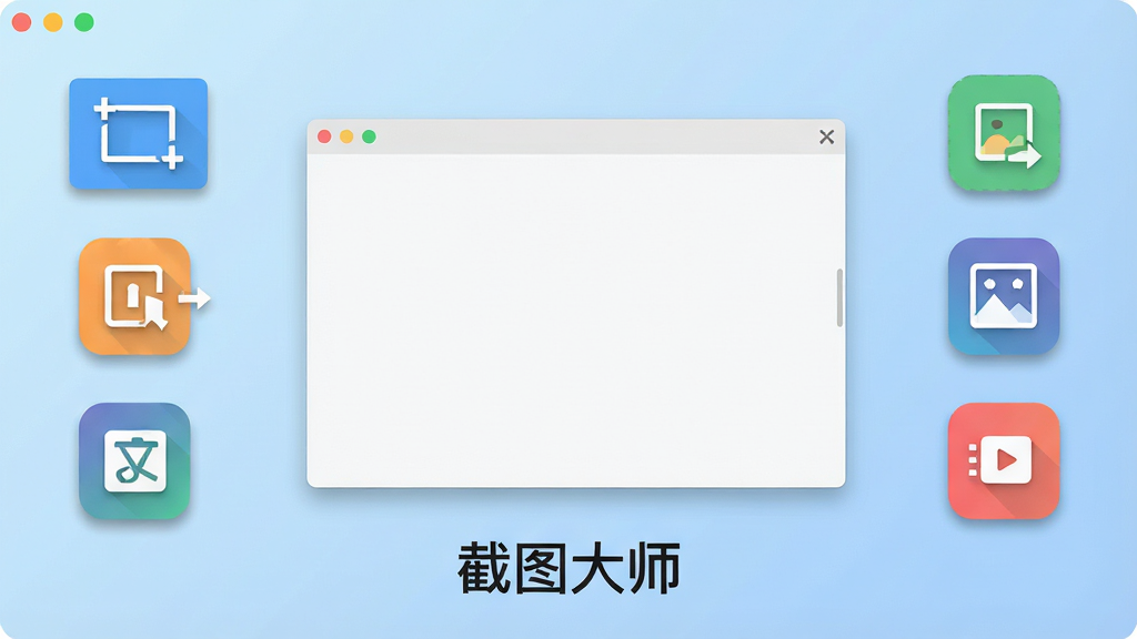 一张展示截图大师主界面的高清数字插图,中央是简洁的捕捉窗口,周围环绕着矩形截图、滚动截屏、文字识别、贴图、录屏等彩色功能图标,整体采用扁平化设计风格,背景为浅蓝色渐变,界面布局清晰,图标带有柔和阴影,画质干净,无多余元素,图片下方标注“截图大师”字样