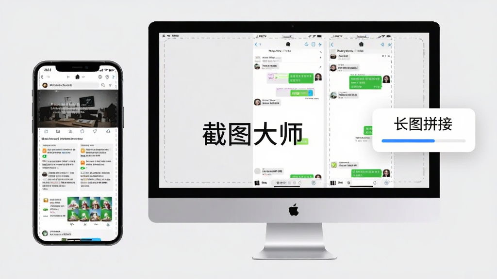 展示截图大师滚动长图拼接功能的示意图,画面中一部手机和一台电脑并排显示,屏幕上有网页和聊天界面的长截图,截图边缘显示拼接的虚线痕迹,右侧悬浮着“长图拼接”按钮和进度条,背景为浅灰色,整体风格简洁明了,画质干净,图片中央标注“截图大师”