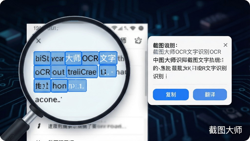 展示截图大师OCR文字识别功能的视觉效果图,画面中一张截图被放大,截图上的文字被蓝色高亮框选中,旁边悬浮着识别结果面板,面板中显示识别出的文字和“复制”“翻译”按钮,背景为深色科技感渐变,整体风格现代,画质细腻,无多余元素,图片右下角标注“截图大师”
