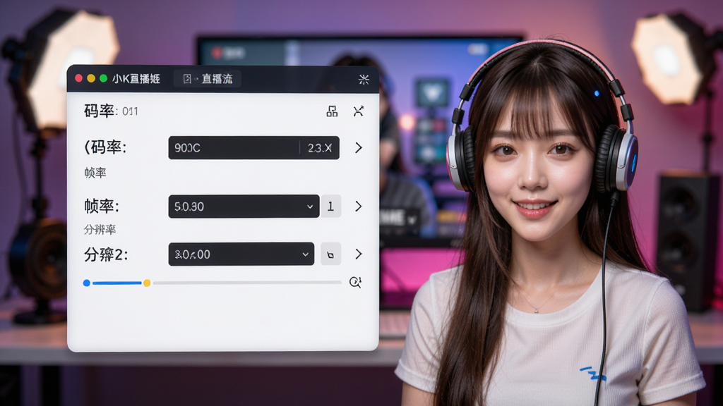 小K直播姬高清推流功能示意图,画面显示直播推流设置界面,码率、帧率、分辨率参数清晰可见,背景为直播场景,画质细腻,色彩鲜艳,干净无多余元素