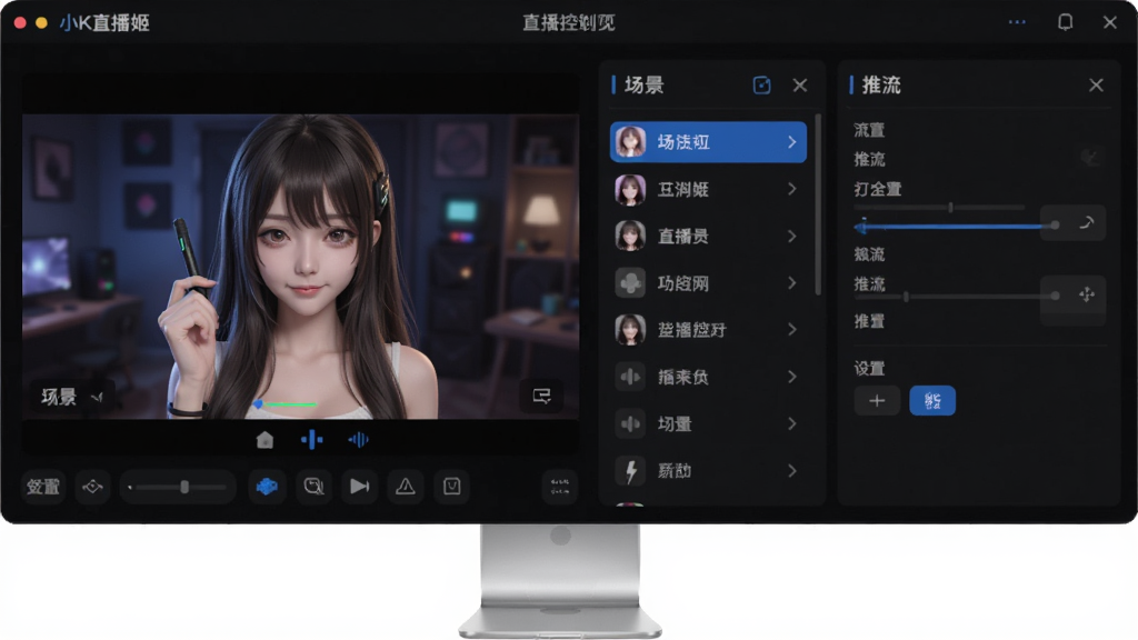 小K直播姬软件主界面预览图,展示直播控制台布局,包含预览窗口、场景列表、推流设置面板,整体风格现代简约,深色主题搭配蓝色高亮,画质清晰干净,无多余元素