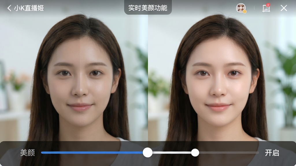 小K直播姬实时美颜功能展示,界面显示美颜调节滑杆,模特对比图左半边原始右半边开启美颜,面部细节自然,肤色均匀,背景虚化,风格清新,画质高清,干净无多余元素