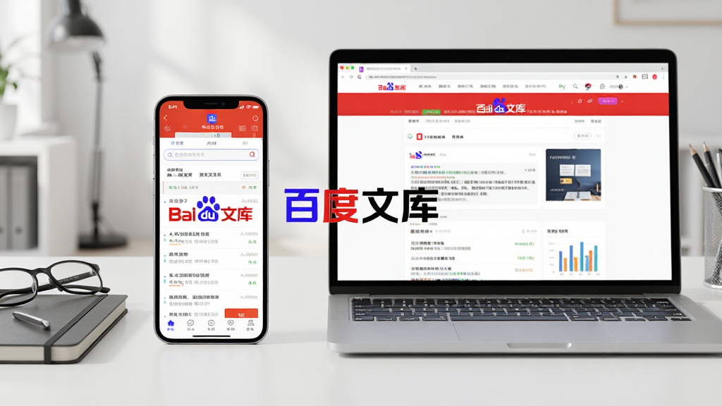 主体:一部智能手机和一台笔记本电脑并排放在桌面上,手机屏幕显示百度文库APP界面,电脑屏幕显示百度文库网页版,中间有“百度文库”字样;布局:手机在左,电脑在右,形成对比;排版:设备位于画面中央,背景是简洁的工作台;风格:写实产品渲染风格,光线柔和;细节:手机和电脑屏幕上都有清晰的文档列表和搜索框,桌面有笔记本和眼镜;画质:4K高清,细节锐利,画面干净,无多余元素。