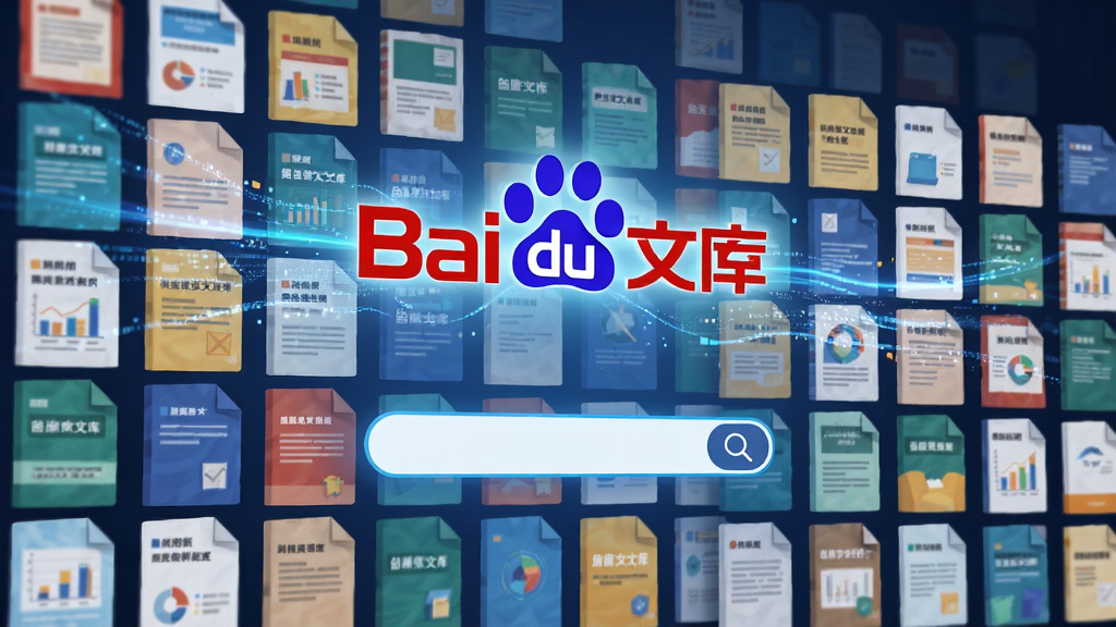 主体:一面巨大的数字文档墙,由无数不同颜色和封面的文档缩略图拼接而成,中央悬浮着“百度文库”的logo;布局:文档墙占据画面主体,logo位于中心偏上,下方有一条搜索框;排版:文档排列整齐但色彩各异,形成视觉冲击力;风格:现代科技感插画,带有数据流动的光效;细节:文档封面上有模糊的文字和图表,搜索框中有放大镜图标;画质:超高清,色彩鲜艳,画面干净,无多余元素。