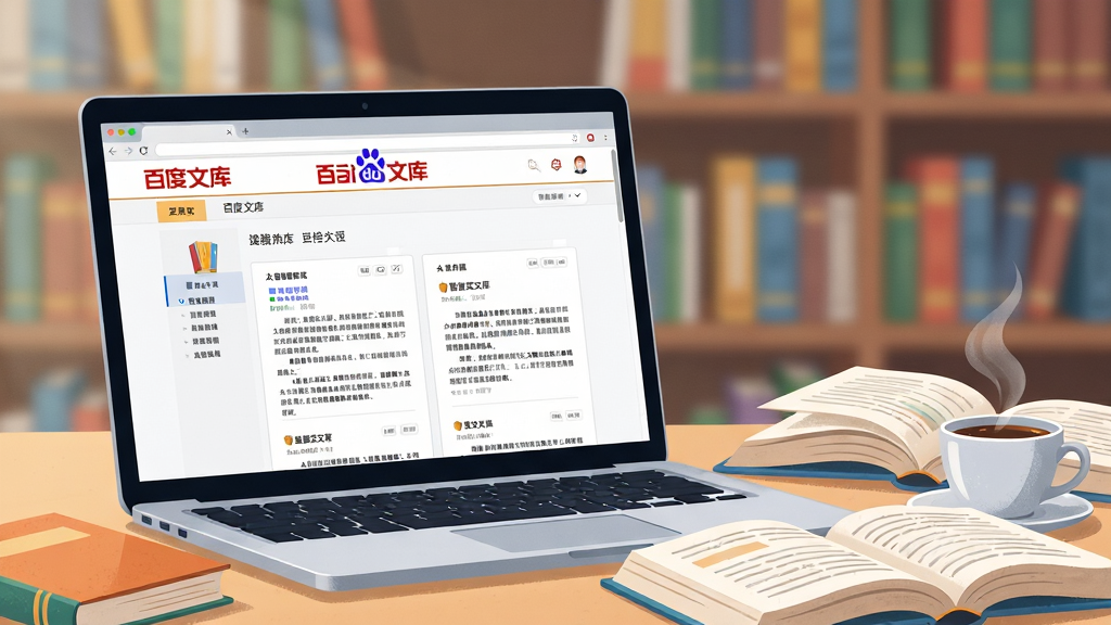 主体:一台打开的笔记本电脑,屏幕显示百度文库的网页界面,上面有清晰的“百度文库”字样和文档缩略图;布局:电脑位于画面中央偏左,右侧留白放置几本翻开的书籍和一杯咖啡,形成学习工作场景;排版:前景为电脑和书籍,背景为虚化的书架,层次分明;风格:写实插画风格,色彩明亮清新,扁平化与轻微质感结合;细节:屏幕上的文档界面有标题、目录和文字段落,书籍封面色彩各异,咖啡冒着热气;画质:8K高清,细节丰富,画面干净,无多余元素。