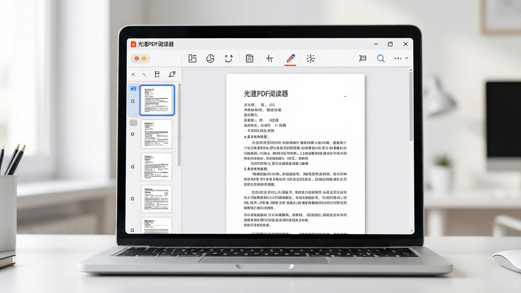 高清数字办公场景中,一台现代笔记本电脑屏幕正打开着“光速PDF阅读器”软件界面,界面显示出清晰的PDF文档内容,左侧有缩略图导航栏,顶部有简洁的工具图标。整体布局干净明亮,风格为扁平化设计,细节包括柔和阴影和圆角窗口,画质高清,光线自然,强调软件的快速与专业感,无多余元素。