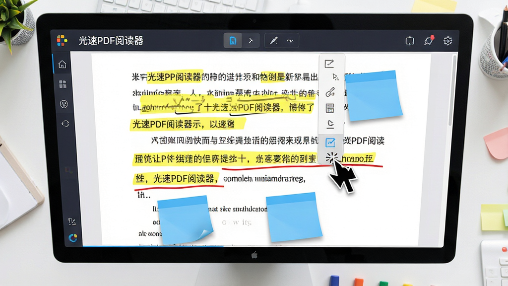 一个明亮的工作台俯视图,屏幕上展示“光速PDF阅读器”的批注功能界面,PDF文字段落上覆盖着黄色高亮、红色下划线和蓝色便签贴纸,鼠标指针悬停在批注工具图标上。布局清晰,风格写实,色彩鲜艳,画质出色,突出功能实用性与界面友好度。