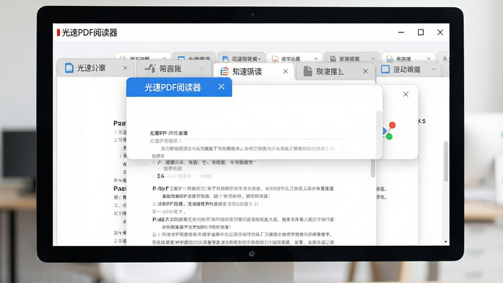 电脑屏幕展示“光速PDF阅读器”的多标签页界面,顶部一排整齐的标签卡片分别显示不同文件名,其中一个标签页被激活放大显示文档内容,其余标签略缩在后方。布局规整,风格简洁商务,浅色背景,画质清晰,强调多任务并行处理的便捷性。