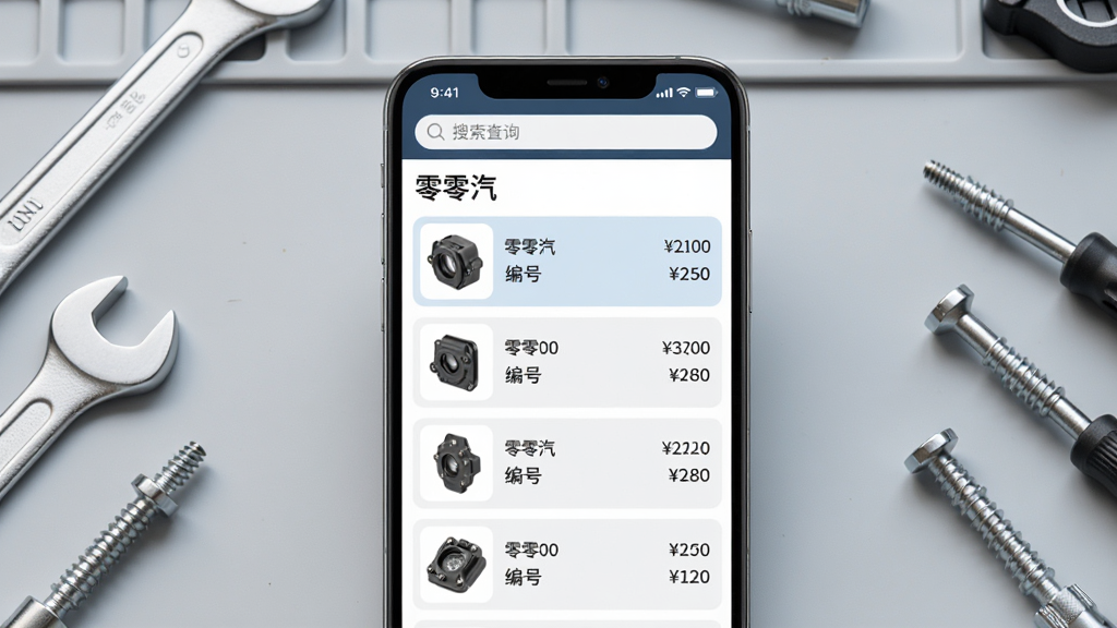 主体:智能手机屏幕特写,显示“零零汽”配件查询结果页,列表包含配件图片、编号和价格。布局:手机居中,背景为浅灰色工作台,周围有扳手、螺丝等工具。排版:界面列表清晰,数据行高亮,顶部有搜索栏。风格:简洁,明亮,商务感。画质:高清,干净,无多余元素。