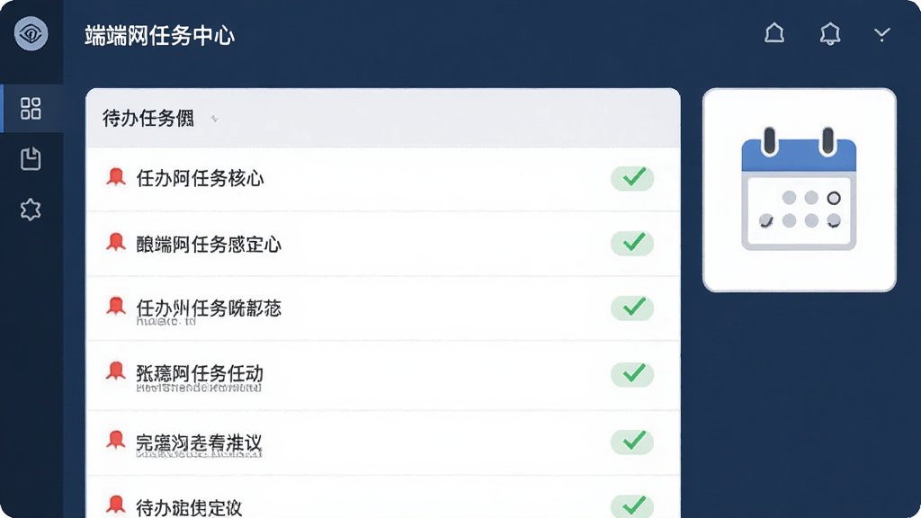 凯德尼医生端任务中心界面,主体是待办任务列表和日历图标,布局为列表式,排版简洁,风格商务化,细节包含红色提醒标记和完成状态勾选,画质清晰,无多余元素