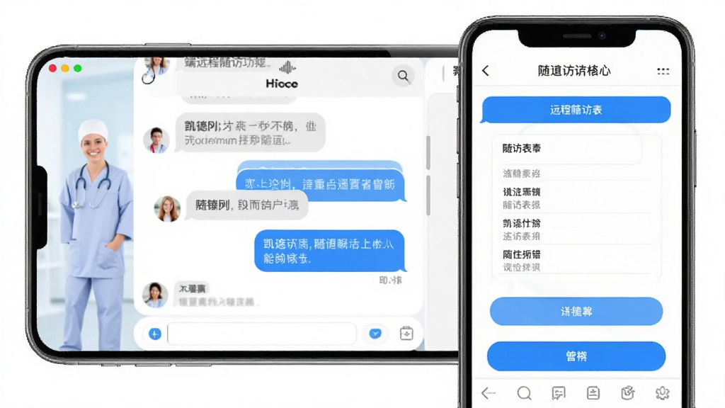凯德尼医生端远程随访功能展示,主体为聊天窗口和随访表单,布局为手机竖屏界面,排版有序,风格友好亲切,细节包含消息气泡和蓝色按钮,画质干净明亮,无多余元素