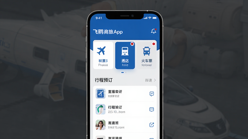 图片展示飞鹤商旅App在手机上的主界面,界面风格现代简洁,包含机票、酒店、火车票预订入口,下方有行程列表,整体色调以蓝色和白色为主,扁平化设计,高清画质,干净无多余元素