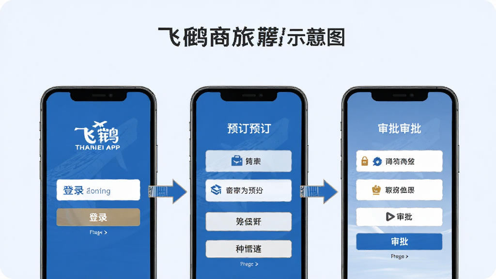 飞鹤商旅App使用教程示意图,画面展示手机操作步骤,包括登录、预订、审批等环节,用箭头指示操作顺序,背景为浅色,风格简洁明了,画质高清,无多余元素