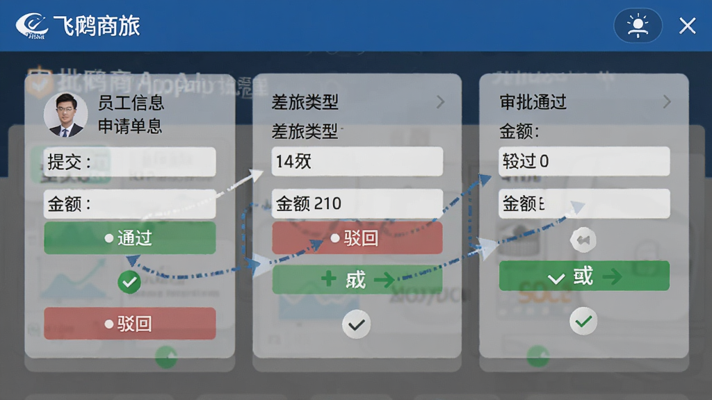 飞鹤商旅App审批流程界面,展示一个申请单从提交到审批通过的完整状态,包含员工信息、差旅类型、金额等字段,界面采用卡片式设计,绿色表示通过,红色表示驳回,色彩鲜明,商务风格,画质干净,无多余元素