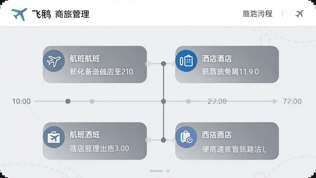 飞鹤商旅App行程管理页面,以时间线形式展示航班和酒店信息,每个节点有图标和详细说明,背景为淡灰色,界面简洁直观,现代感强,画质清晰,干净无多余元素