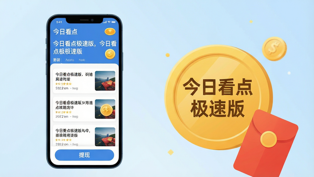 主体:智能手机屏幕展示今日看点极速版应用界面,界面顶部有新闻标题和金币图标。布局:手机居左,右侧配以放大的金币与红包元素,整体视觉平衡。排版:界面简洁清晰,新闻列表与金币奖励图标错落有致,背景为干净的浅蓝色渐变。风格:现代扁平化设计,色彩明快,突出资讯与赚钱双重主题。细节:金币上标注“今日看点极速版”字样,新闻卡片包含标题与缩略图,底部有提现按钮。画质:高清渲染,干净无多余元素。