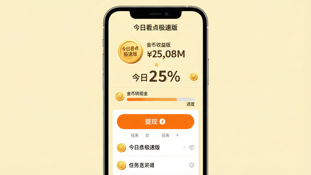 主体:今日看点极速版的金币收益界面,显示今日收益数量和金币转现金的进度条。布局:手机屏幕居中,上方为金币图标和收益数字,下方为提现按钮和任务列表。排版:数据化呈现,收益数字突出,任务列表以列表形式展示。风格:简洁商务,背景为淡黄色,金币元素立体感强。细节:金币上写有“今日看点极速版”,提现按钮为醒目的橙色。画质:高清,干净无多余元素。