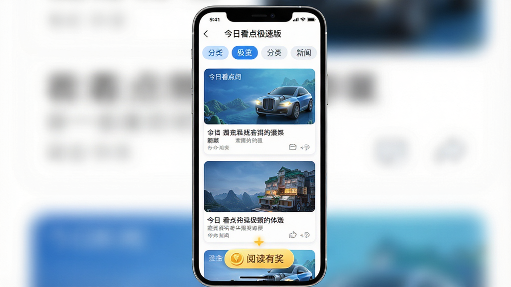 主体:今日看点极速版应用内新闻列表页面,屏幕中显示多则新闻卡片。布局:手机竖屏居中,新闻卡片依次排列,每张卡片包含标题与配图。排版:列表布局清晰,上方有分类标签栏,底部有金币奖励浮动按钮。风格:清新简约,界面以白色为底色,搭配蓝色主题色。细节:新闻标题字体清晰,金币图标旁标注“阅读有奖”,整体画面明亮。画质:高清,干净无多余元素。