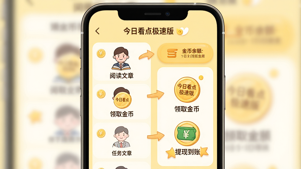 主体:今日看点极速版应用在手机上的运行界面,展示阅读赚金币的流程。布局:手机屏幕居中,左侧为任务列表,右侧为金币余额和提现按钮。排版:流程步骤以箭头形式展示,从“阅读文章”到“领取金币”再到“提现到账”。风格:卡通插画风格,色彩温馨,背景为浅黄色。细节:金币上写有“今日看点极速版”,人物形象为微笑的上班族。画质:清晰,干净无多余元素。