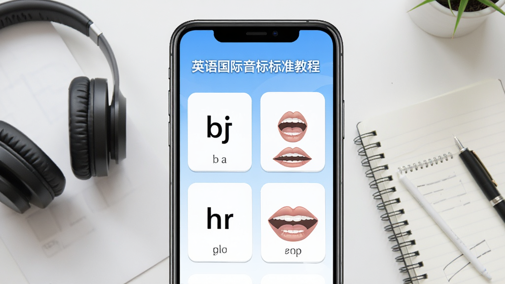 展示“英语国际音标标准教程”App发音教学界面的示意图,主体为手机屏幕特写,屏幕上有音标卡片和口型动画,周围有耳机和笔记本,布局居中,排版清晰,风格简洁明亮,细节丰富,画质高清干净
