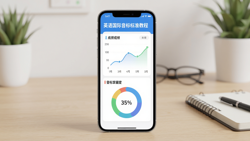 展示“英语国际音标标准教程”App学习进度统计界面,主体为手机屏幕,屏幕上有成绩曲线和音标掌握度环形图,背景为简洁的桌面,布局居中,风格现代简约,细节丰富,画质高清干净