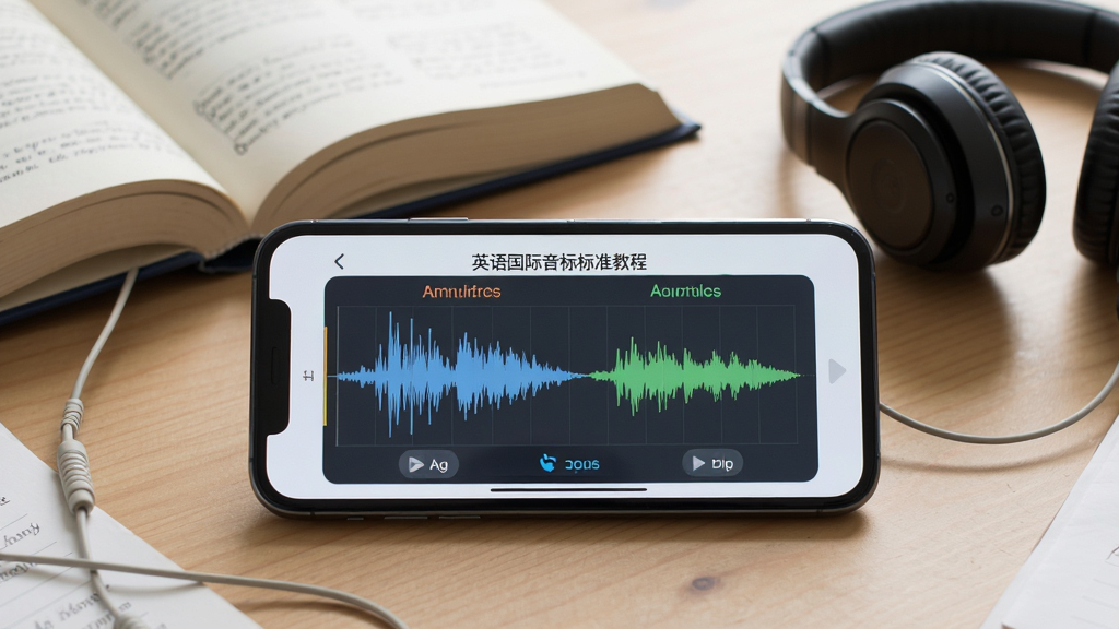 展示“英语国际音标标准教程”App在手机上的使用场景,主体为一部手机横屏显示跟读对比界面,屏幕上有波形图,周围有书本和耳机,布局自然,风格写实,细节丰富,画质高清干净
